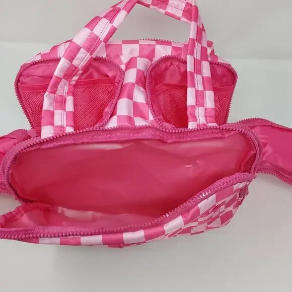 Pink Checkered Makeup Bag Travel Organizer Cosmetic Case Multi-Compartment - Picture 8 of 8